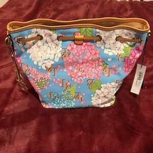 Dooney & Bourke Light Blue Floral Drawstring Shoulder Bag with Tan Trim